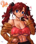  1girl amania_orz artist_name bangs blush breasts brown_hair brown_jacket camisole commentary_request copyright_request crop_top dated hair_between_eyes hand_up heart highres jacket large_breasts long_hair midriff navel pink_camisole smile solo twintails underboob undersized_clothes 