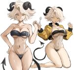  1girl blonde_hair borrowed_character breasts cleavage demon_girl demon_horns demon_tail eyebrows_visible_through_hair gris_swimsuit hand_on_hip highres holding holding_spoon horns jacket large_breasts legs looking_at_viewer meme_attire midriff navel original pointy_ears raised_eyebrow rakeemspoon see-through shiny shiny_skin solo spoon susan_(rakeem_garcia-cueto) swimsuit tail utensil wide_hips yellow_eyes yellow_jacket 