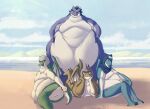  2022 anthro beach belly big_belly clothing cloud draggintoucan dragonewt gabiru_(that_time_i_got_reincarnated_as_a_slime) group headgear headwear hi_res lizard looking_at_viewer male moobs morbidly_obese morbidly_obese_anthro morbidly_obese_male nude obese obese_anthro obese_male outside overweight overweight_anthro overweight_male presenting reptile sand scalie seaside sitting standing water 