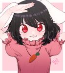  1girl absurdres animal_ears black_hair border carrot_necklace closed_mouth commentary eyebrows_visible_through_hair frilled_sleeves frills hair_between_eyes highres inaba_tewi looking_at_viewer medium_hair nukojinuko puffy_short_sleeves puffy_sleeves rabbit_ears rabbit_girl red_eyes salute short_sleeves signature simple_background solo touhou upper_body v-shaped_eyebrows wavy_mouth white_border 