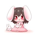  1girl :3 :o animal animal_ears artist_name black_hair blush bunny carrot_necklace chibi child closed_mouth commentary_request dress eyebrows_visible_through_hair frilled_dress frills hair_between_eyes holding inaba_tewi open_mouth pink_dress puffy_short_sleeves puffy_sleeves rabbit_ears rabbit_girl rabbit_tail red_eyes short_sleeves sitting solo tail touhou yairenko |_| 