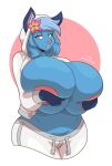  accessory anthro areola belly big_breasts blue_body blue_fur blue_hair breasts canid canine canis clothing covering covering_breasts curvaceous curvy_figure female flower flower_in_hair fur hair hair_accessory hi_res hood hoodie huge_breasts hyper hyper_breasts looking_at_viewer mammal midriff navel nipples pink_areola pink_nipples pink_nose plant slightlysimian solo sweatpants topwear voluptuous wide_hips wolf yellow_eyes 
