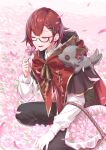  1boy absurdres basket black_pants brown_capelet capelet cloak closed_eyes collared_shirt flower glasses hair_behind_ear hanasaki_miyabi highres holostars hood hooded_cloak male_focus nemoto_yuuma pants pink_flower red_cloak red_hair shirt smile solo squatting virtual_youtuber white_shirt 