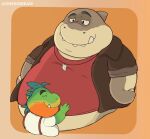  2022 anthro belly big_belly clothing dreamworks duo embrace eyes_closed fish green_body hi_res hug male male/male marine mr._piranha_(the_bad_guys) mr._shark_(the_bad_guys) obese obese_male onebigbeaw overweight overweight_male piranha_(fish) serrasalmid shark shirt simple_background size_difference suspenders the_bad_guys topwear 