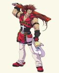  2boys abs baby belt brown_hair carrying cross english_text eyepatch grandfather_and_grandson guilty_gear guilty_gear_xrd highres holding holding_sword holding_weapon junkyard_dog_mk_iii long_hair multiple_boys over_shoulder pacifier pectoral_cleavage pectorals simple_background sin_kiske smile smirkingcat sol_badguy sword twitter_username weapon weapon_over_shoulder 