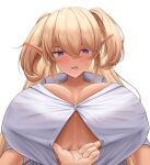  1girl anger_vein assisted_exposure blonde_hair blush breasts button_gap cleavage dark_elven_forest_ranger elf frown hair_between_eyes heart heart-shaped_pupils highres huge_breasts last_origin lazb. long_hair no_bra open_mouth pointy_ears pov pov_hands purple_eyes shirt short_twintails simple_background solo_focus sweat symbol-shaped_pupils twintails very_long_hair white_background white_shirt 
