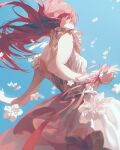  1girl back blue_sky dress fajyobore flower frilled_dress frills from_behind highres long_hair original petals pink_ribbon red_hair ribbon sky solo white_dress wind 