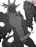  anthro bodily_fluids claws dalipuff digital_media_(artwork) dragon english_text erection genital_fluids genitals greyscale hi_res horn knot looking_at_viewer male monochrome nude penis presenting scalie simple_background solo text tongue tongue_out wings 