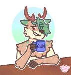  anthro antlers brown_eyes cervid fur furniture green_ears green_hair green_spots hair hair_over_eye holding_object horn looking_at_viewer male mammal one_eye_obstructed pink_marky simple_background smile smirk solo spots table tan_body tan_fur 