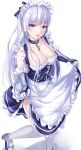  1girl absurdres apron azur_lane belfast_(azur_lane) braid breasts cleavage clothes_lift dress dress_lift french_braid frilled_apron frills gloves grey_footwear highres large_breasts light_purple_hair long_hair looking_at_viewer maid_headdress purple_dress purple_eyes shiroinu_(shiroinu_283p) simple_background solo standing white_apron white_background white_gloves white_legwear 