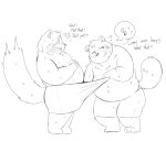  2022 96panda ailurid anthro belly big_belly bodily_fluids canid canine clothing duo hi_res kemono male male/male mammal moobs overweight overweight_male raccoon_dog red_panda simple_background sketch sweat tanuki underwear white_background 