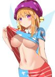  1girl american_flag_pants american_flag_shirt arm_behind_back blonde_hair blush breasts closed_mouth clothes_lift clownpiece commentary_request cowboy_shot fairy_wings fujiko_(emnprmn) hand_up hat highres jester_cap large_breasts lifted_by_self long_hair looking_at_viewer medium_breasts midriff navel nipples no_bra polka_dot_headwear purple_eyes self_exposure shirt_lift solo standing staring touhou very_long_hair wings 