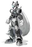  1boy absurdres android armor armored_boots bodysuit boots clenched_hands closed_mouth commentary_request full_body gauntlets greyscale helmet highres joints long_hair mega_man_(series) mega_man_x_(series) monochrome ponytail pv_y0n robot robot_joints serious shadow shoulder_armor simple_background standing sword very_long_hair weapon weapon_on_back white_background zero_(mega_man) 