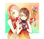  2girls absurdres black_eyes black_hair boruto:_naruto_next_generations bouquet character_doll flower glasses green_eyes grin hairband happy_birthday haruno_sakura highres hinamori_(m_nmy01) medium_hair mother_and_daughter multiple_girls naruto_(series) pink_hair smile tulip uchiha_sarada uchiha_sasuke 