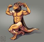  abs anthro biceps biped blush cape claws clothed clothing dalipuff digital_media_(artwork) english_text female flexing hi_res kobold looking_at_viewer muscular muscular_anthro muscular_female partially_clothed pecs reptile scalie simple_background solo solo_focus text toe_claws yellow_body 