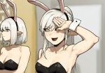 2girls animal_ears arm_up armpits bare_shoulders black_hairband black_leotard blurry blurry_background breasts cleavage embarrassed fake_animal_ears fang gogalking hairband leotard long_hair medium_hair multiple_girls original playboy_bunny rabbit_ears shadow strapless strapless_leotard upper_body vampire&#039;s_sister_(gogalking) vampire_(gogalking) white_hair wrist_cuffs 