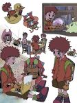  backpack bag bird bug chair character_request computer crying digimon digimon_(creature) digimon_adventure du_(pal_di) duck glasses gloves highres husband_and_wife izumi_koushirou laptop multiple_girls palmon pink_headwear sitting tachikawa_mimi tears tentomon 