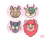  african_wild_dog anthro antlers black_hair blue_eyes brown_eyes canid canine cervid cute_fangs facial_hair felid fur green_eyes green_hair group hair hair_over_eye headshot_portrait hi_res horn lion looking_at_viewer male mammal neutral_expression one_eye_obstructed pantherine pink_body pink_fur pink_marky portrait simple_background smile suid suina sus_(pig) tan_body tan_fur white_background wild_boar 