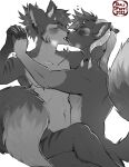  anthro biped blush canid canine canis claws dalipuff digital_media_(artwork) duo english_text eyes_closed fangs fur greyscale hair hand_holding hi_res horn kissing male male/male mammal monochrome open_mouth ponytail simple_background text tongue wolf 