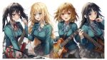  4girls :d :o absurdres adjusting_hair aimbek akiyama_mio bangs bass_guitar black_hair black_legwear blonde_hair blue_bow blue_bowtie blue_eyes blush bow bowtie breasts brown_eyes chromatic_aberration closed_mouth collared_shirt cowboy_shot dot_nose electric_guitar eyebrows_visible_through_hair floating_hair gradient gradient_background green_jacket grey_skirt guitar hair_between_eyes hair_ornament hairclip highres hirasawa_yui holding holding_instrument instrument jacket k-on! keyboard_(instrument) kotobuki_tsumugi large_breasts leaning_forward light_smile long_hair looking_at_viewer medium_breasts medium_hair miniskirt multiple_girls music nakano_azusa neck_ribbon neckerchief open_mouth pantyhose piano playing_instrument pleated_skirt plectrum red_neckerchief ribbon sakuragaoka_high_school_uniform school_uniform serafuku shirt skirt small_breasts smile tongue tooth twintails upper_body white_background white_shirt yellow_eyes 