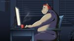  2022 anthro belly big_belly chair computer detailed_background furniture hi_res humanoid_hands inside kemono male mammal mug navel night overweight overweight_male sitting solo tunx2 ursid 