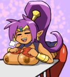  2018 areola bent_over big_breasts blush breasts brown_body brown_skin clothed clothing ear_piercing ear_ring eyebrows eyes_closed female genie hair humanoid humanoid_pointy_ears mobile-kun nipples not_furry open_mouth piercing ponytail purple_hair raised_eyebrows shantae shantae_(series) solo teeth video_games wayforward 