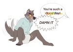  annoyed anthro blush canid canine canis clothed clothing dialogue diaper diaper_bulge dreamworks english_text erection erection_in_diaper erection_under_clothing good_boy hi_res male mammal mr._wolf_(the_bad_guys) padded_tennet pet_praise praise praise_kink profanity simple_background solo solo_focus tail_motion tailwag tenting text the_bad_guys unseen_character white_background wolf yellow_sclera 