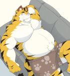  2022 anthro belly big_belly clothing felid furniture hi_res humanoid_hands kemono lying male mammal one_eye_closed overweight overweight_male pantherine pink_nose sofa solo tiger tora_oekaki underwear white_body yellow_body 