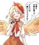  1girl :d ^_^ animal_on_head bird bird_on_head bird_wings blonde_hair can chick closed_eyes commentary_request dress eyebrows_visible_through_hair eyelashes feathered_wings happy head_tilt highres holding holding_can kachuten multicolored_hair neckerchief niwatari_kutaka on_head open_mouth orange_dress puffy_short_sleeves puffy_sleeves red_hair red_neckerchief shirt short_hair short_sleeves smile soda_can speech_bubble touhou translation_request two-tone_hair upper_body white_shirt wings yellow_wings 