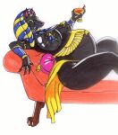  alcohol anthro anubian_jackal belly beverage big_breasts black_body black_fur bracelet breasts canid canine canis clothing danellz decorative_scarab egyptian_headdress female fur furniture huge_breasts jackal jewelry mammal pillow pregnant solo thick_thighs traditional_media_(artwork) wine 