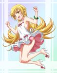  1girl bakemonogatari bangs bare_shoulders blonde_hair blush_stickers bracelet breasts dress fang full_body green_bracelet jewelry long_hair looking_at_viewer monogatari_(series) oshino_shinobu sandals shakunetsujigoku small_breasts underskirt yellow_eyes 