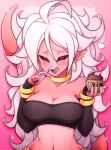  &lt;3 2019 5_fingers alien alien_humanoid blush breasts cleavage clothed clothing colored_nails cupcake dragon_ball dragon_ball_fighterz ear_piercing ear_ring female fingers food hair hi_res humanoid humanoid_pointy_ears long_hair looking_at_viewer majin majin_android_21 nails not_furry open_mouth piercing pink_body pink_skin pirateyoukai red_eyes signature solo tongue tongue_out white_hair 