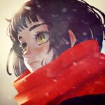  1girl bangs black_hair blush brown_eyes commentary_request copyright_request highres kunitarou-art portrait red_scarf scarf smile snow solo 