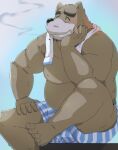  2022 anthro belly big_belly black_nose blush brown_body clothing emufu eyes_closed hi_res humanoid_hands kemono male mammal moobs overweight overweight_male sitting smoking solo towel towel_around_neck underwear ursid 