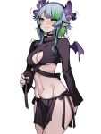  1girl absurdres black_nails blue_hair blush breasts bsapricot bsapricot_(vtuber) choker cleavage cleavage_cutout clothing_cutout crop_top ear_piercing embarrassed eyebrows_visible_through_hair green_eyes green_hair highres horns medium_breasts multicolored_hair nail_polish navel pelvic_curtain piercing pointy_ears short_hair short_hair_with_long_locks silver_hair slit_pupils solo streaked_hair sweat symbol-only_commentary trembling virtual_youtuber vshojo white_background wings 
