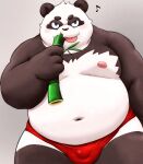  2022 anthro bamboo belly big_belly black_body blush bulge clothing eating giant_panda hi_res kemono male mammal meg_hoi moobs navel nipples overweight overweight_male simple_background solo tongue tongue_out underwear ursid white_body 
