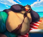  2022 absurd_res anthro beach belly big_belly clothing cloud food hi_res humanoid_hands lying male mammal moobs nipples obese obese_male outside overweight overweight_male popsicle seaside shibadoodles solo swimwear ursid water 