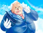  2022 anthro belly big_belly black_nose blush brown_body brown_fur clothing cloud eyewear fur glasses gloves handwear hat headgear headwear hi_res humanoid_hands kemono lifewonders male mammal necktie obese obese_male outside overweight overweight_male shirt solo tatsu_mob tokyo_afterschool_summoners topwear ursid video_games volos 