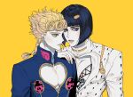  2boys bangs black_hair blonde_hair blue_eyes blunt_bangs bob_cut braid bruno_buccellati cleavage_cutout clothing_cutout giorno_giovanna green_eyes highres jojo_no_kimyou_na_bouken male_focus multiple_boys ranch_jjba vento_aureo 