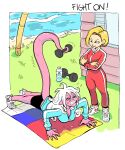  alien alien_humanoid android_18 being_watched blonde_hair clothing dragon_ball dragon_ball_fighterz dumbbell duo ear_piercing ear_ring english_text exercise female footwear grass hair human humanoid humanoid_pointy_ears lewdlemage long_hair looking_at_another majin majin_android_21 mammal not_furry open_mouth piercing pink_body pink_skin plant shoes teeth text water weights white_hair 