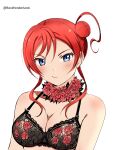  absurdres angel_gabriel. bare_shoulders black_bra blue_eyes blush bra breasts cleavage closed_mouth collar commentary dot_nose eyelashes floral_print flower_collar hair_bun highres lingerie looking_at_viewer love_live! love_live!_superstar!! medium_breasts red_hair rose_print twitter_username underwear upper_body v-shaped_eyebrows white_background yoneme_mei 