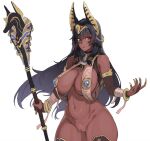  1girl animal_ears ankh bandaged_arm bandages bangs black_gloves black_hair bottomless breasts bridal_gauntlets cleft_of_venus commentary_request dark-skinned_female dark_skin earrings egyptian_clothes elbow_gloves gloves gold_bracelet hair_ornament holding holding_staff jackal_ears jewelry large_breasts long_hair looking_at_viewer navel original pussy red_eyes revealing_clothes simple_background solo staff stomach thighs white_background xiangzi_box 