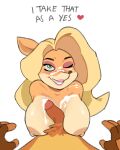  &lt;3 activision anthro areola bandicoot big_breasts blonde_hair blush bodily_fluids breasts clothing crash_bandicoot crash_bandicoot_(series) cum cum_on_breasts cum_on_face cum_on_penis digital_media_(artwork) duo erection eyebrows eyelashes eyeshadow faceless_character faceless_male female fingerless_gloves fingers fur genital_fluids genitals gloves green_eyes hair handwear hi_res huge_breasts humanoid_genitalia lipstick long_hair looking_at_viewer makeup male male/female mammal marsupial nipples nude one_eye_closed open_mouth penis poivre_moulu simple_background smile tawna_bandicoot teeth text video_games 