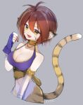  1girl animal_ears breasts breath_of_fire breath_of_fire_ii cat_ears cat_tail cleavage facial_mark full_body gloves looking_at_viewer monster_girl open_mouth orange_hair pointy_ears rinpoo_chuan short_hair simple_background smile solo tail yoto1013 