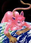  anthro bagi bagi_the_monster_of_mighty_nature beasty_gang breast_squish breasts chest_tuft domestic_cat felid feline felis female fur hi_res mammal osamu_tezuka pink_body pink_fur planet purple_eyes solo squish tongue tongue_out tuft whiskers 