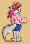  2018 anthro black_nose blue_bottomwear blue_clothing blue_shorts bottomwear brown_background butt canid canine canis clothing eyelashes faye_fletcher female fluffy fluffy_tail fur glistening glistening_nose grey_body grey_fur hair hi_res hoodie lightluxcollie long_sleeves long_tail mammal open_mouth paws pink_clothing pink_hair pink_hoodie pink_topwear pockets shadow shorts simple_background smile solo teeth tongue topwear wolf yellow_sclera 