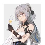  1girl absurdres bangs bare_shoulders breasts bronya_zaychik bronya_zaychik_(silverwing:_n-ex) cleavage closed_mouth commentary_request cup dress drinking_glass eyebrows_visible_through_hair gloves grey_eyes grey_hair grey_nails hair_between_eyes hair_ornament highres holding holding_cup honkai_(series) honkai_impact_3rd long_hair looking_at_viewer single_glove sleeveless sleeveless_dress smile solo user_asrp7337 wine_glass 