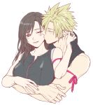  1boy 1girl arm_ribbon bare_shoulders black_hair blonde_hair blush breasts cloud_strife couple earrings final_fantasy final_fantasy_vii final_fantasy_vii_advent_children high_collar hug hug_from_behind jewelry kiss kissing_cheek large_breasts long_hair red_eyes ribbon ring shirt shouyu_(soysoy) spiked_hair tifa_lockhart white_background 