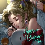  2girls blanket blonde_hair closed_eyes closed_mouth dated earrings final_fantasy final_fantasy_vi happy_birthday hiromyan jewelry lips long_hair moogle multiple_girls nail_polish pillow ponytail ribbon single_earring sleeping smile tina_branford 