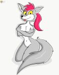  2018 anthro black_nose breast_grab breasts brown_body brown_fur canid canine canis claws domestic_dog english_text eyelashes fangs faye_fletcher female fluffy fluffy_tail fur glistening glistening_nose grey_body grey_fur hair halo hand_on_breast hi_res lightluxcollie long_tail mammal navel pink_hair pinup ponytail pose sabertooth_(anatomy) shadow simple_background solo teeth text tongue tongue_out watermark white_background white_body white_fur wings wolf yellow_sclera 